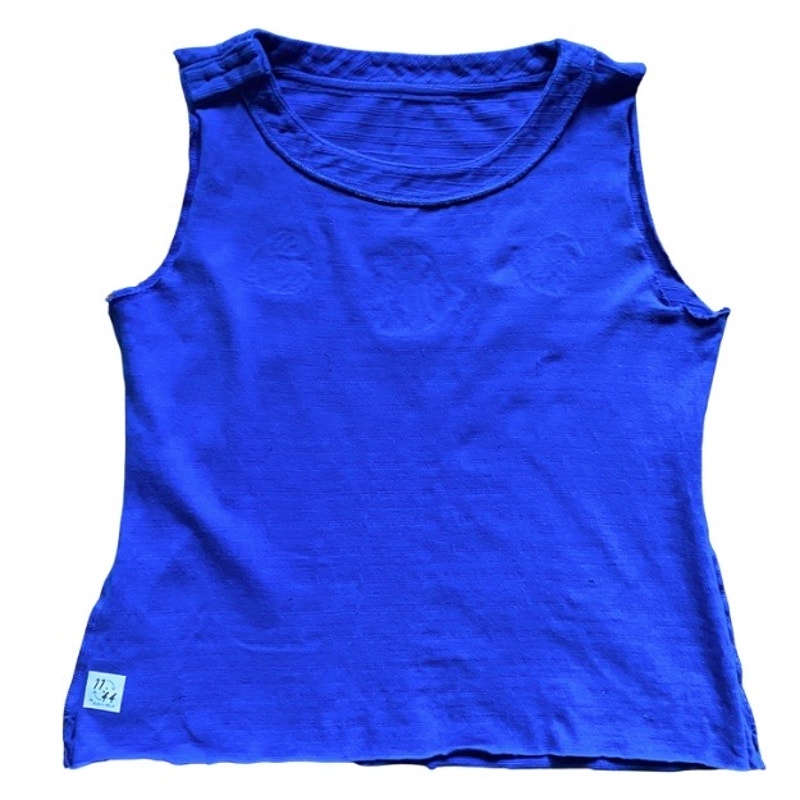 Upcycled Tropical Fish Vintage Patch Embellished Sleeveless Cobalt Blue Tank Top (S)