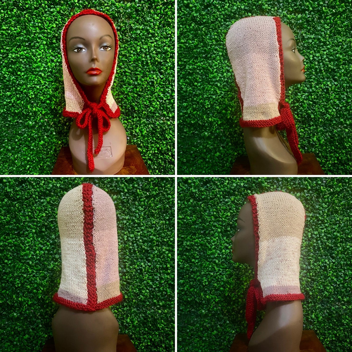 Striped Knit Cherry Red/ Neapolitan Bonnet-clava - Balaclava with Tie Closure (M)