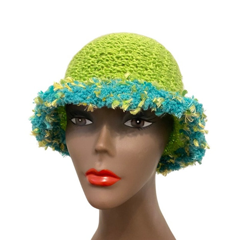 Mossy Lime Green & Teal Fuzzy Trim Bucket Hat (L)