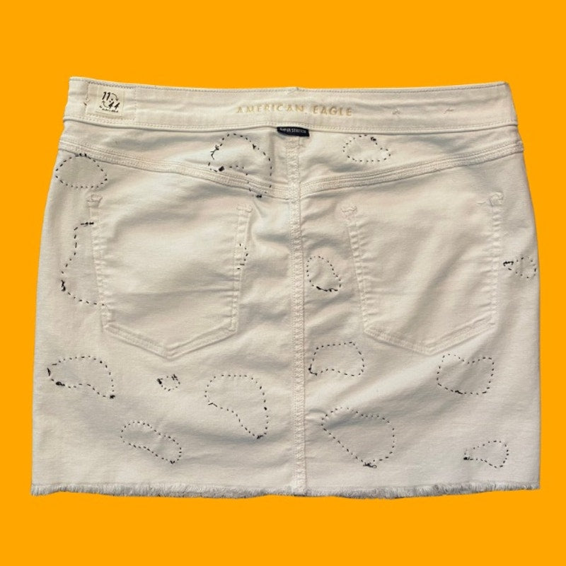 Upcycled White and Navy Blue Cowprint Stretch Denim Mini Skirt (16)