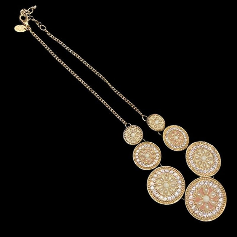 Pink Mock Pearl & Rhinestone Studded Gold Toned Disc Bib Necklace