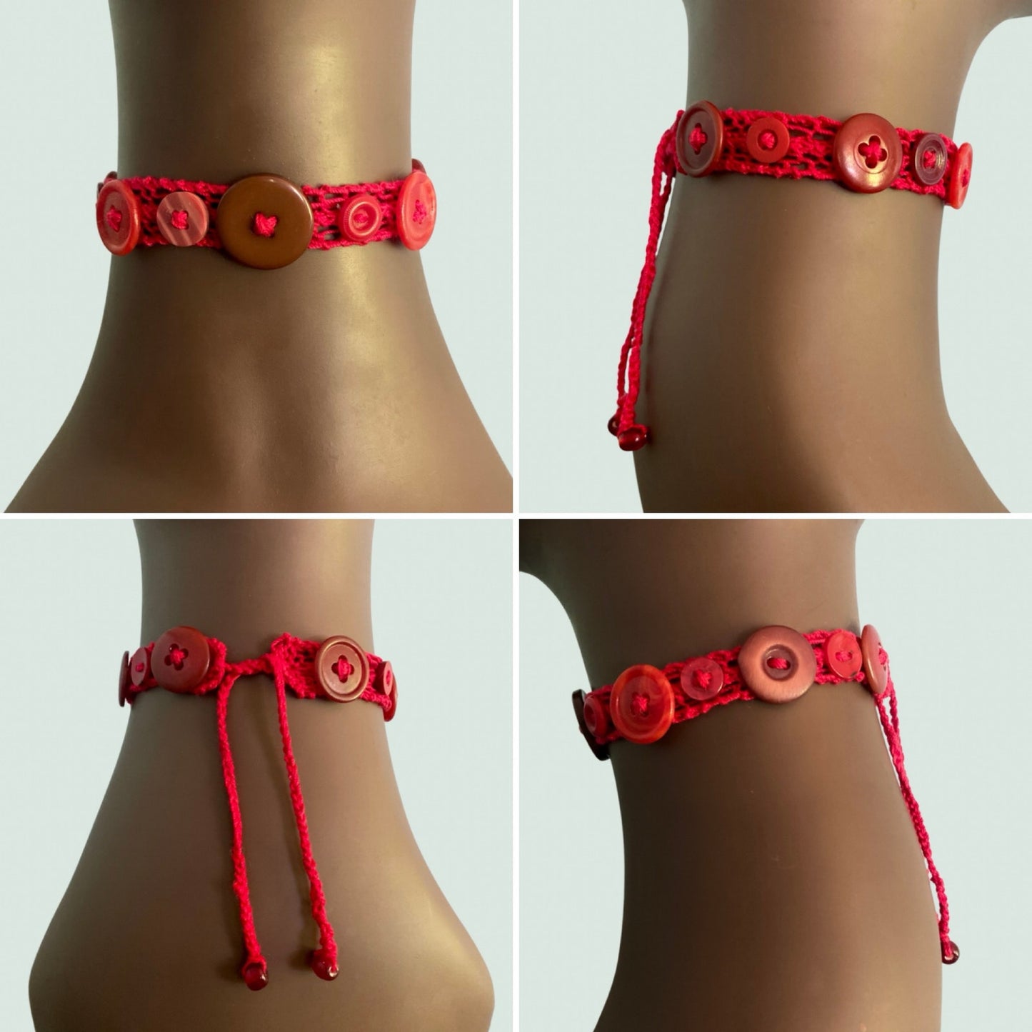 Red/Brown Button Embellished Handknit Cotton Choker Necklace