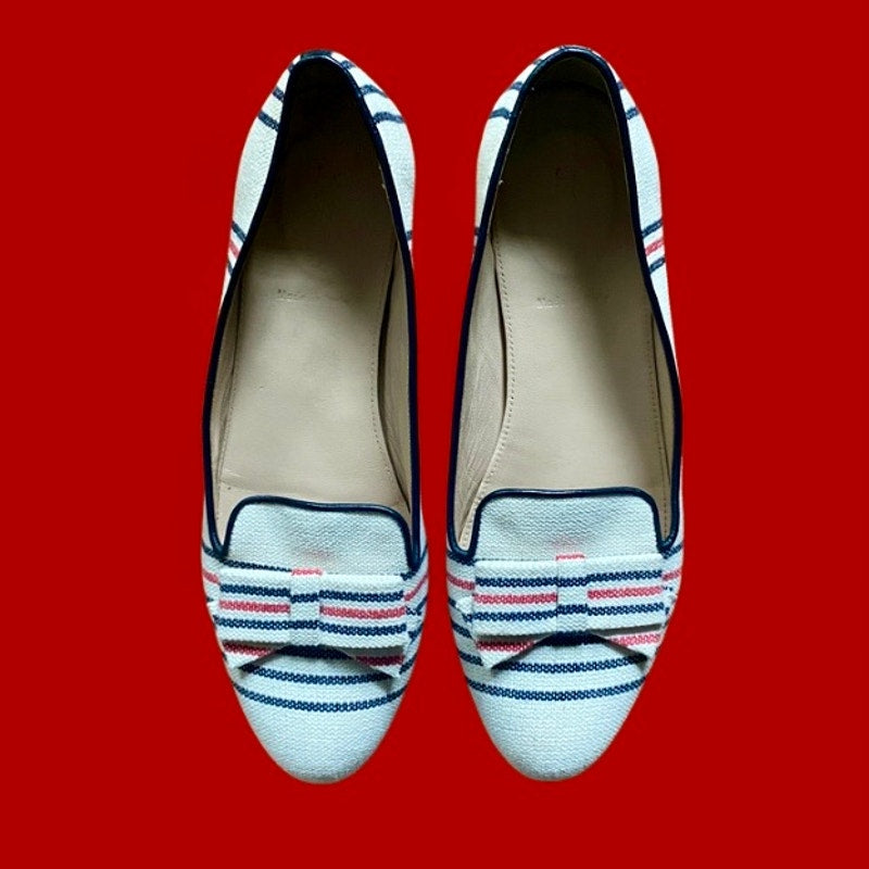 J. Crew White Blue & Red Woven Bow Detail Striped Canvas Leather Loafers (8)