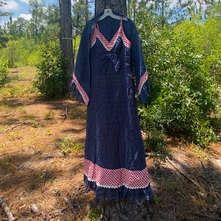 1960’s/70’s Navy Blue/White/Red Polka Dot & Gingham Trim Maxi Dress & Matching Shawl (S)