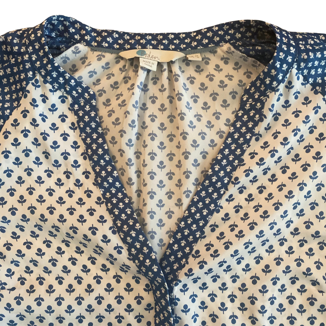 Blue & White Floral Button Down Balloon Sleeve Blouse (6)