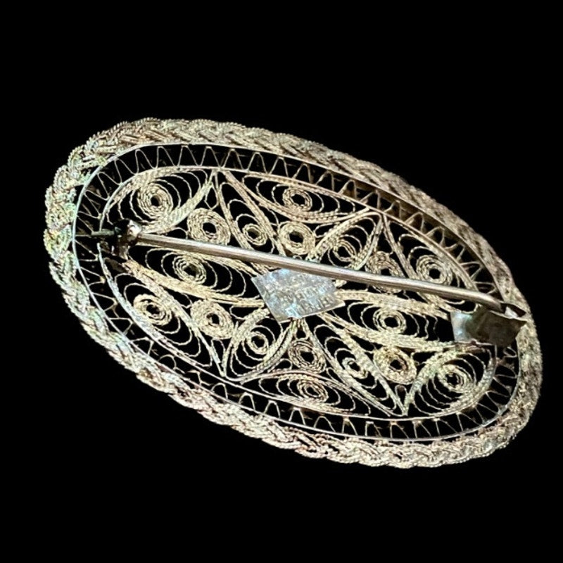 Antique Sterling Silver Oval Floral Filigree Brooch