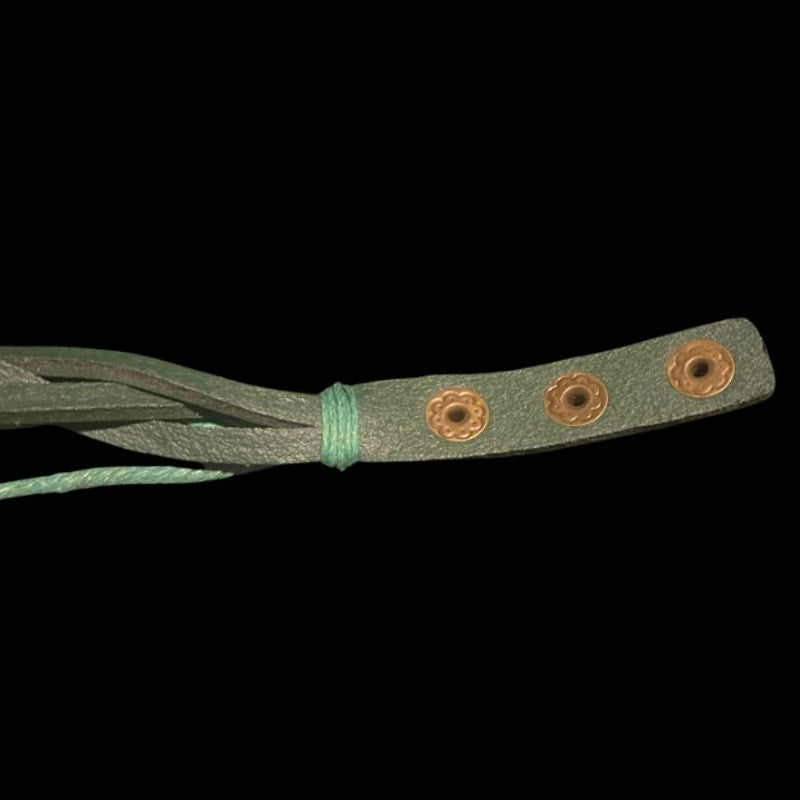 Earthy Green Leather Watch Bracelet with Wood Beads Bronze Feather Charm