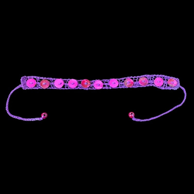 Magenta Purple Shell Button Embellished Purple Handknit Cotton Choker Necklace