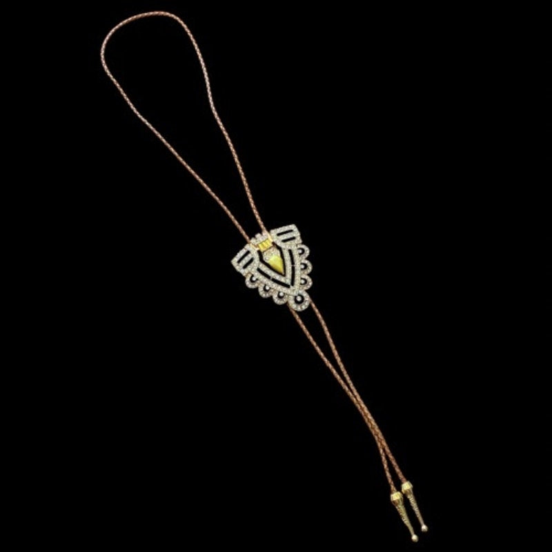 Art Deco Mock Yellow Topaz & Rhinestone Studded Triangle Camel Brown Leather Cord Bolo Tie