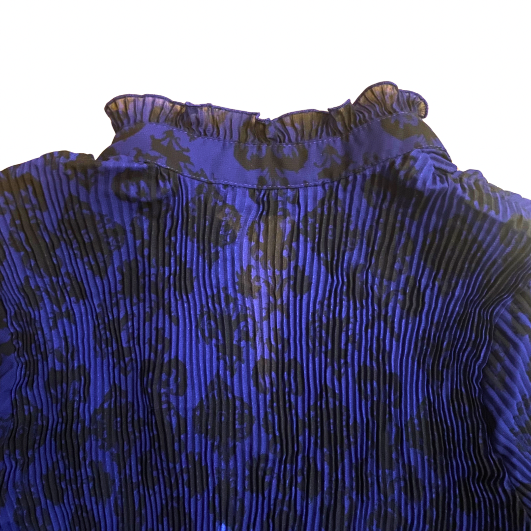 Sheer Ombré Royal Blue & Black Floral Damask Print Ruffled Bell Sleeve Button-Down Blouse (L)