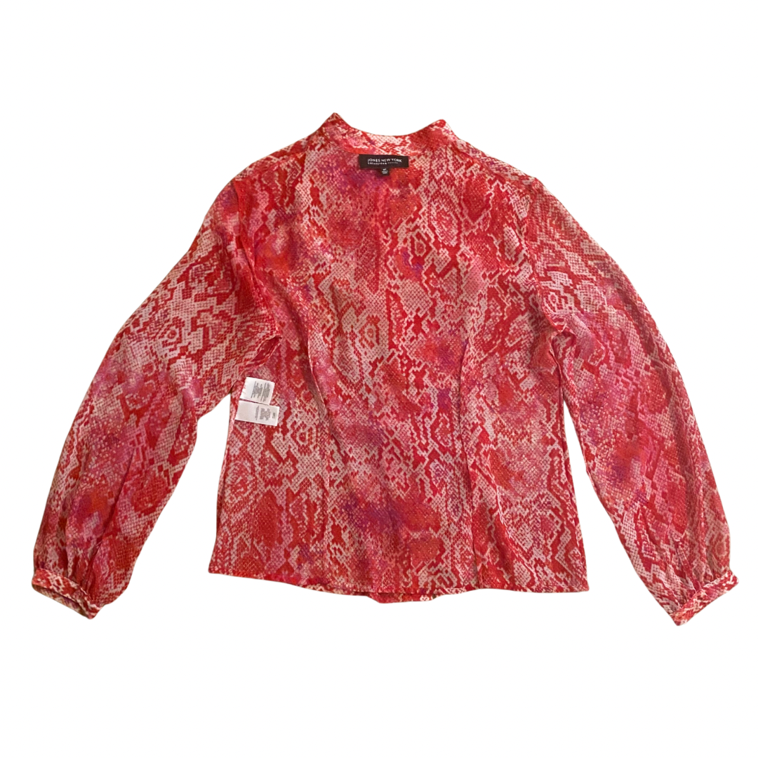 Sheer Pink Snakeskin Pattern Ruffle Button-Down Blouse (8P)