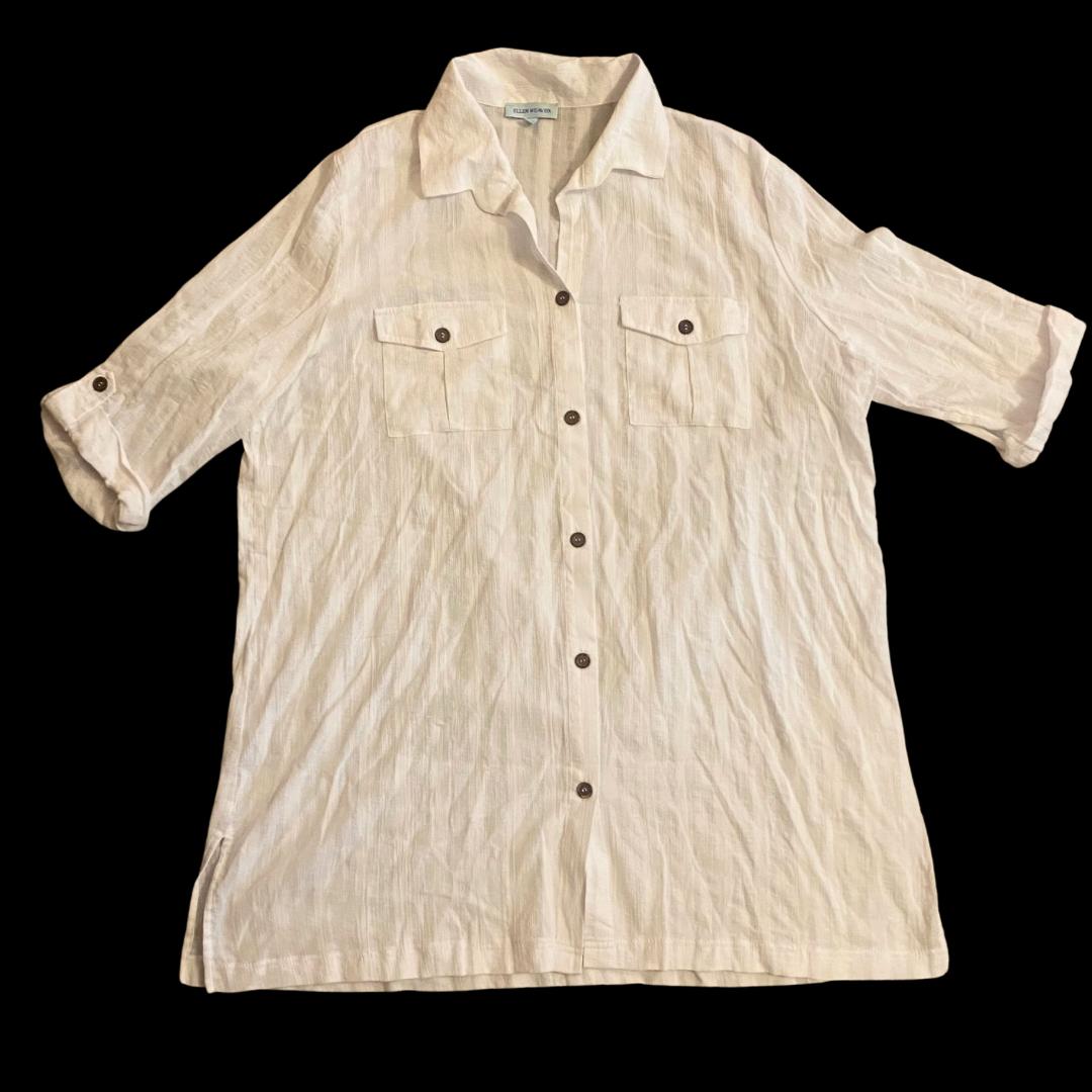 100% Cotton White Woven Striped Button Down 3/4 Length Sleeve Shirt Dress (2X)