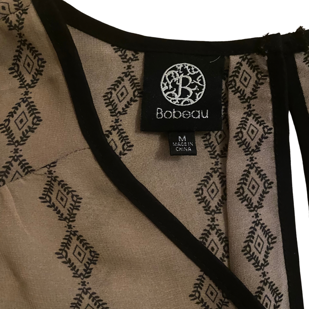 Sheer Light Brown and Black Lace Pattern V-Neck Hi-Low Short Sleeve Blouse (M/L)
