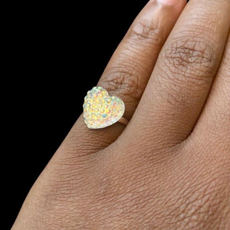 Vintage White/Rainbow Flash Pebbled Resin Heart Silver Toned Ring (5-7)