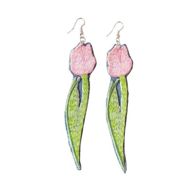 Upcycled Vintage Pink Tulip Embroidered Patch + Denim Earrings
