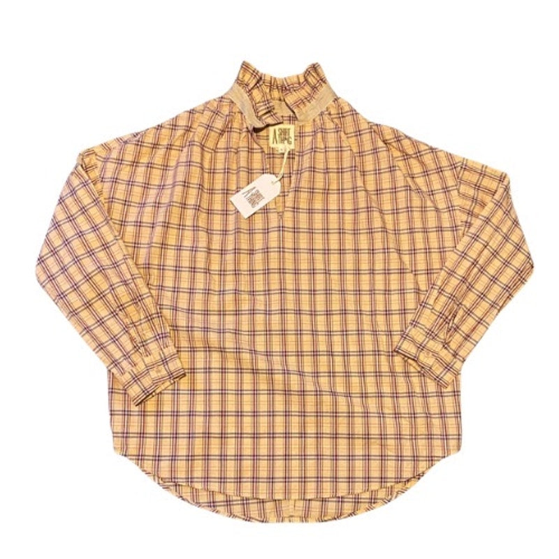 NWT Oversized Peach/Burgundy/Tan Plaid Ruffle Collar Long Sleeve Cotton Shirt (M)