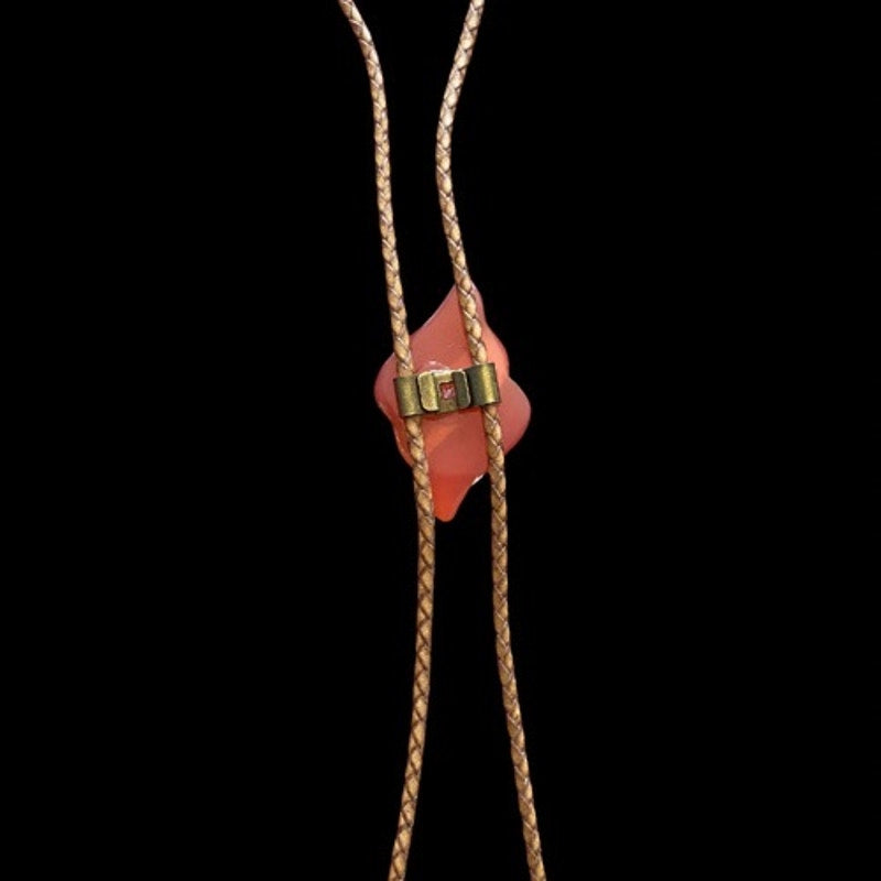 Shiny & Matte Gold Toned Chunky Swirl Camel Brown Leather Cord Bolo Tie