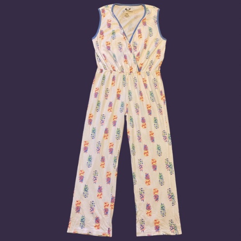 Y2K White/Multicolor Pineapple Print Sleeveless Jumpsuit Pajamas (M)