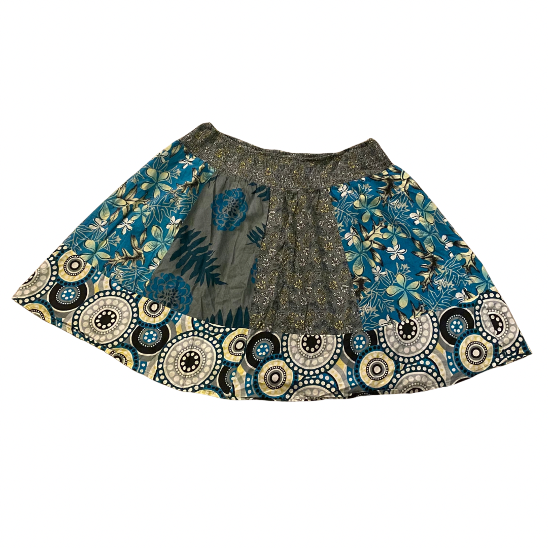 Vintage Blue/Slate Grey/ Yellow Patchwork Cotton Skirt (M-L)
