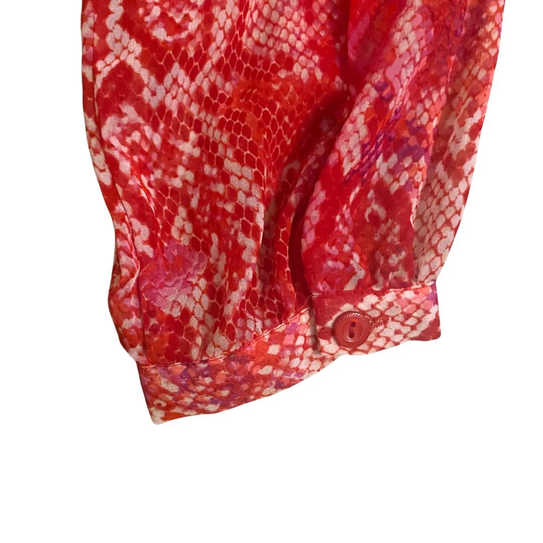 Sheer Pink Snakeskin Pattern Ruffle Button-Down Blouse (8P)
