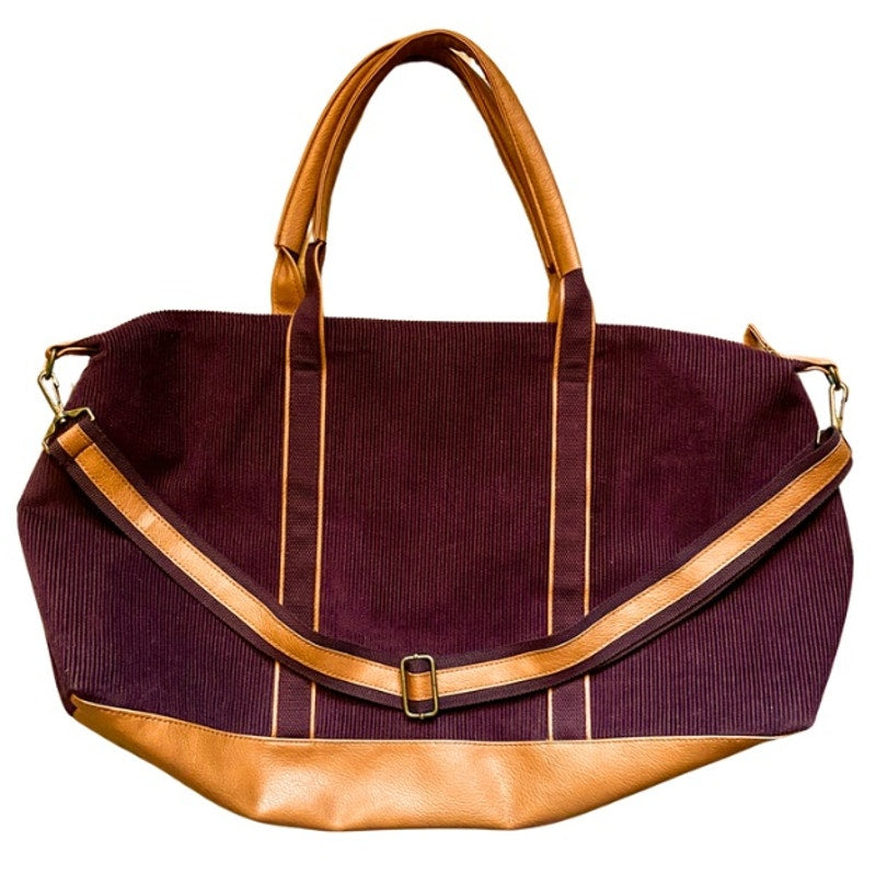 Large Maroon Corduroy Tan Faux Leather Weekender Bag with Adjustable Shoulder Strap