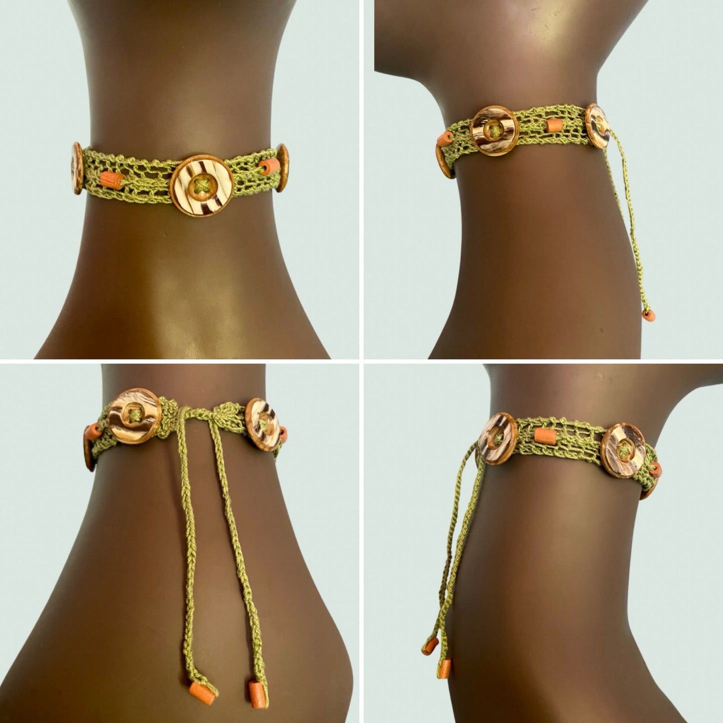 Sage Green Button Embellished Handknit Cotton Choker Necklace