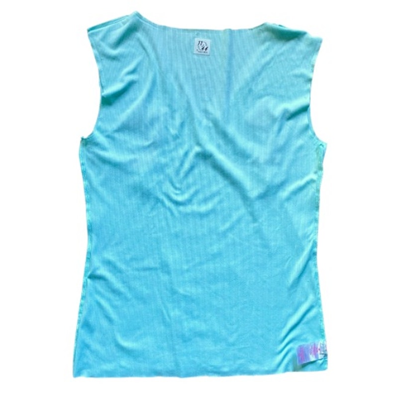 Upcycled Vintage Amaryllis Flower Patch Bright Teal Sleeveless Ribbed V-Neck (M)