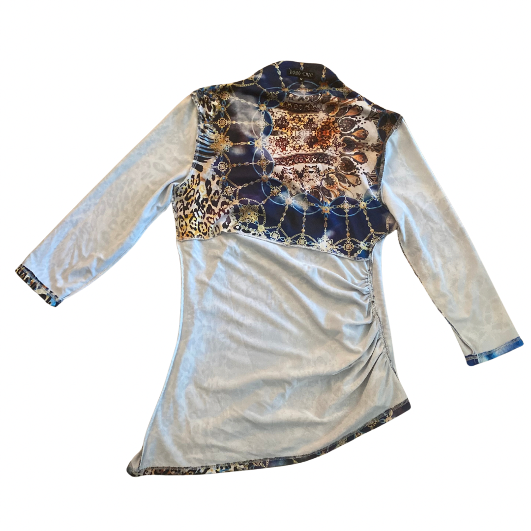 Y2K Ruched Blue & Gold Leopard Print Asymmetrical Hem Top (Small/Medium)