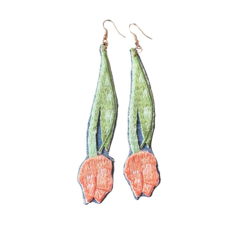 Upcycled Vintage Yellow Tulip Embroidered Patch + Denim Earrings (Upside Down)