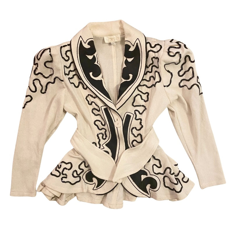 *RARE VINTAGE* Cream & Black 80’s Sequin Embellished Knit Blazer/Jacket with Belt (S)
