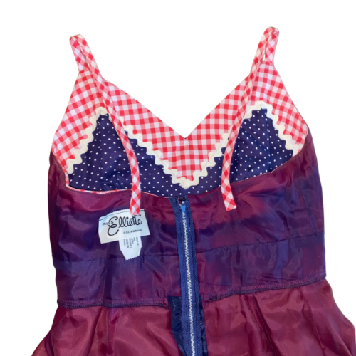 1960’s/70’s Navy Blue/White/Red Polka Dot & Gingham Trim Maxi Dress & Matching Shawl (S)