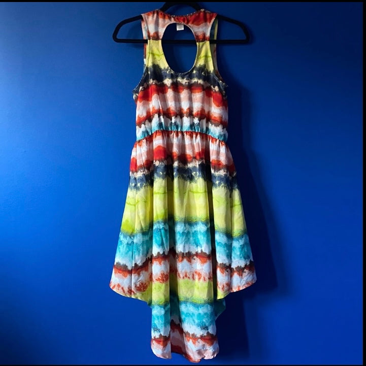 Hi-Low Lime Green/Turquoise/Orange Watercolor Striped Dress (M)