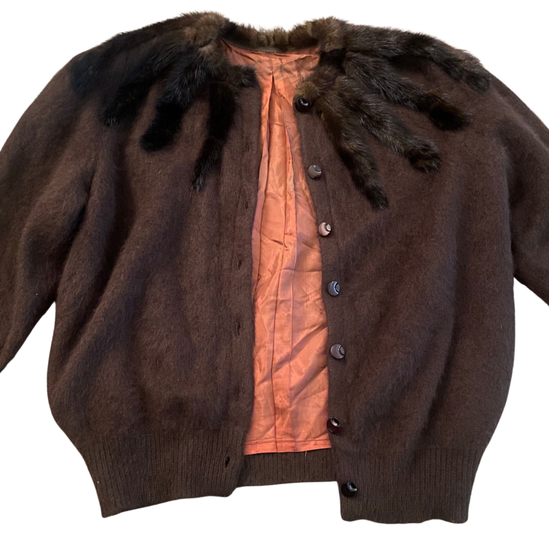 Vintage Chocolate Brown Rabbit Fur Knit Button-Down Sweater (Large)