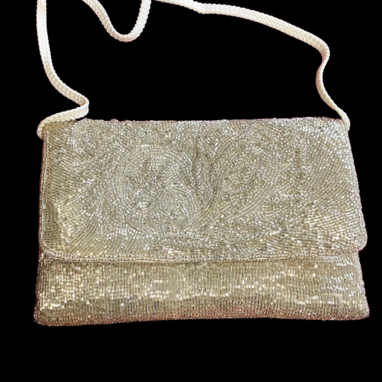Vintage 60’s/70’s Silver Beaded Ivory Satin Evening Bag with Woven Cotton Shoulder Strap