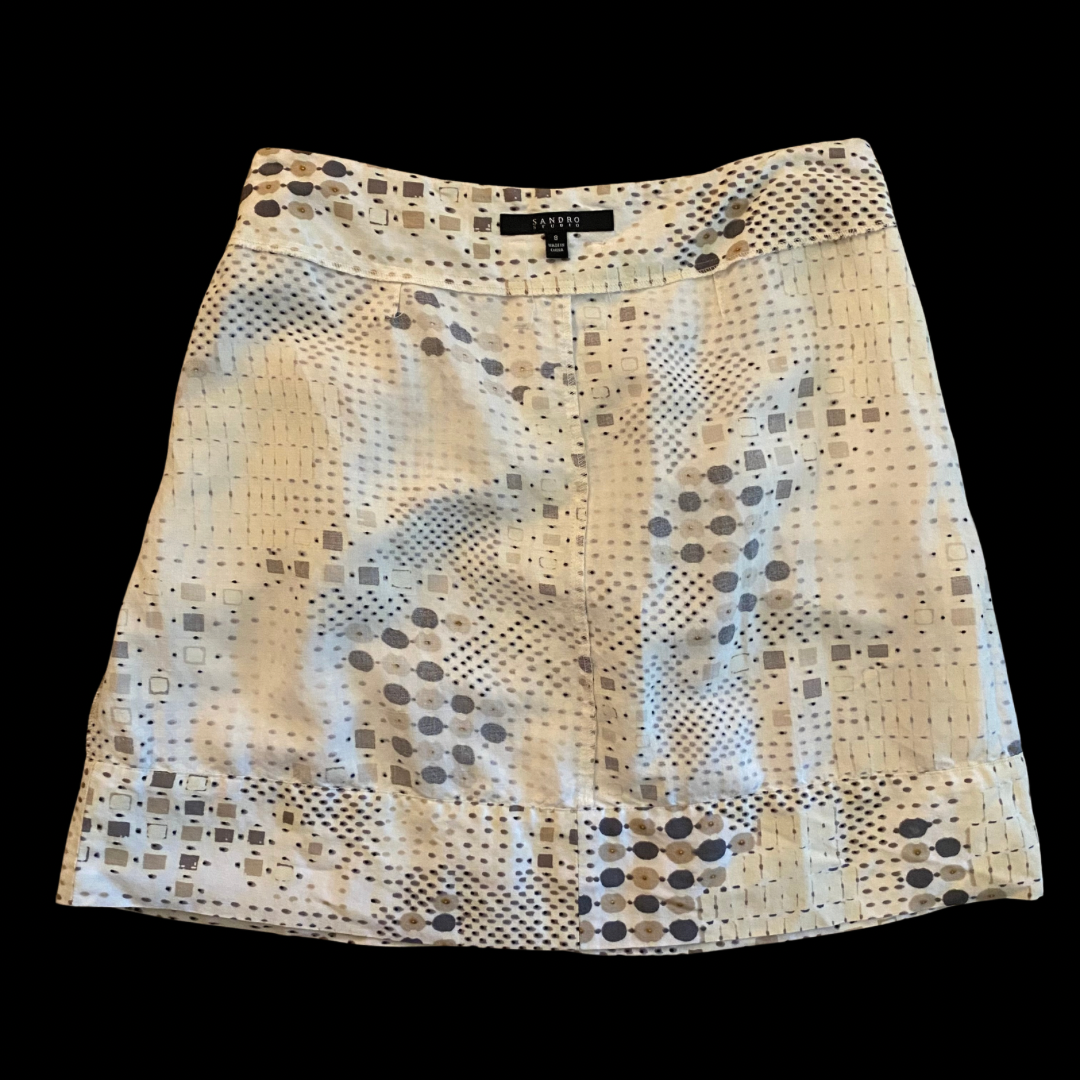 Cream/ Brown/ Tan Geometric Pattern Linen Skirt with Belt (8)