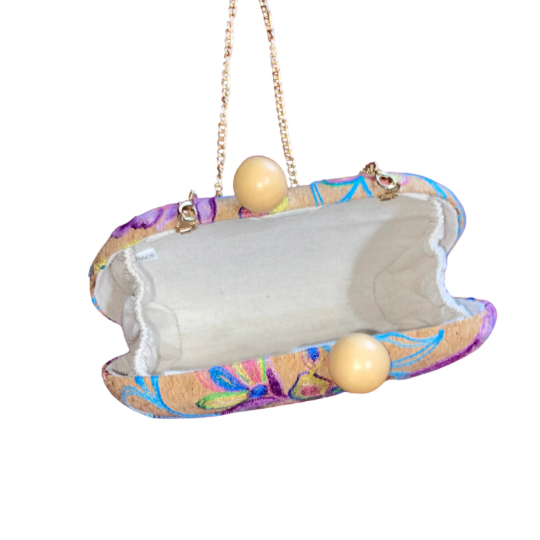 Floral Embroidered Cork Oval Clutch/ Crossbody Bag with Removable Gold Chain Strap
