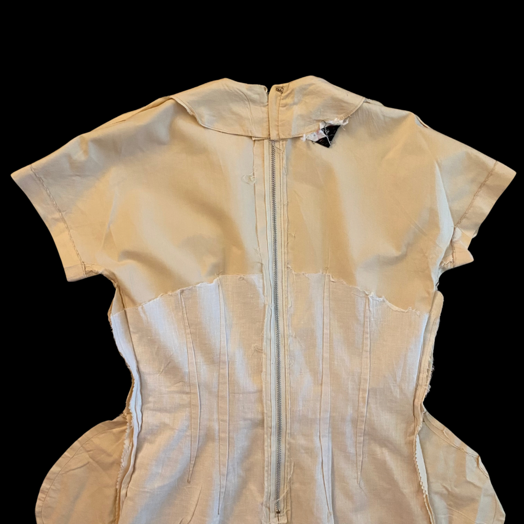 Vintage Beige and White Lace Panel Wiggle Dress with Bow (S)