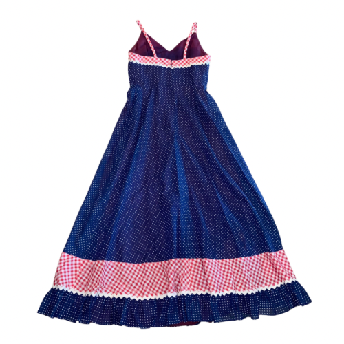 1960’s/70’s Navy Blue/White/Red Polka Dot & Gingham Trim Maxi Dress & Matching Shawl (S)
