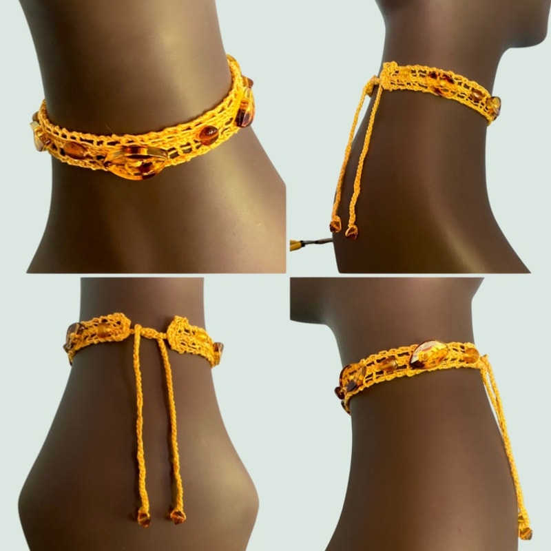 Lemon Yellow Button Embellished Handknit Cotton Choker Necklace
