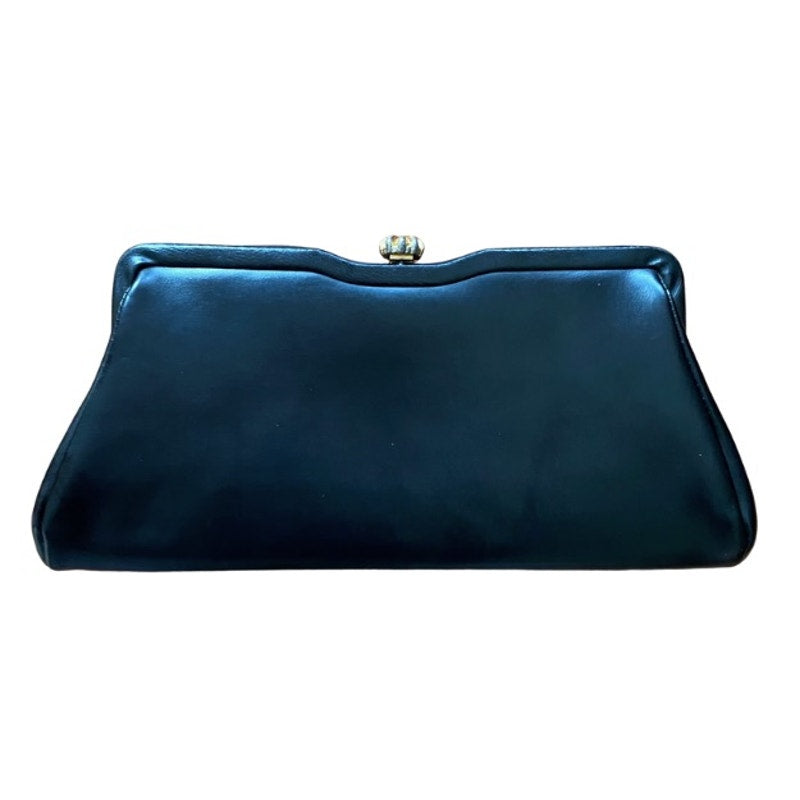 Vintage 60’s Black Faux Leather Frame Bag Clutch with Mixed Metal Starburst Clasp