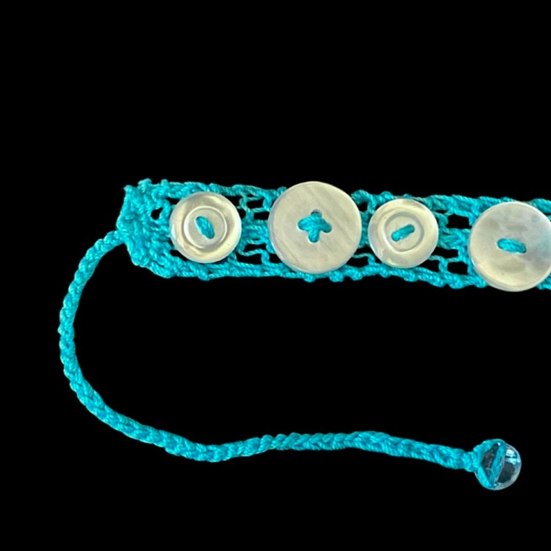 Pearlescent Button Embellished Handknit Turquoise Cotton Choker Necklace