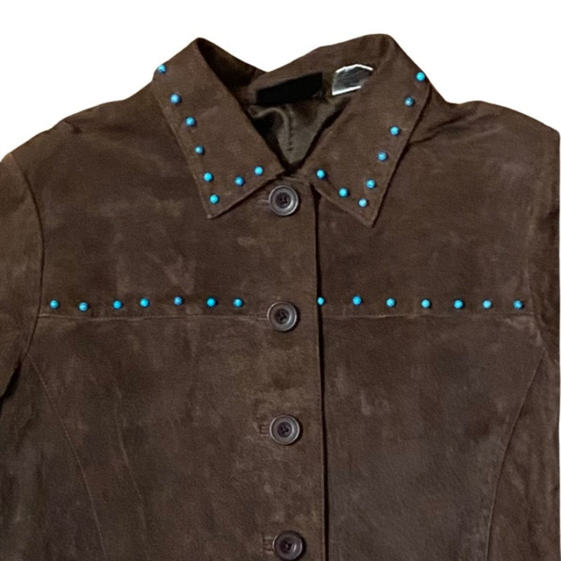 Upcycled Vintage Turquoise Bead Studded Chocolate Brown Suede Genuine Leather Jacket (S)