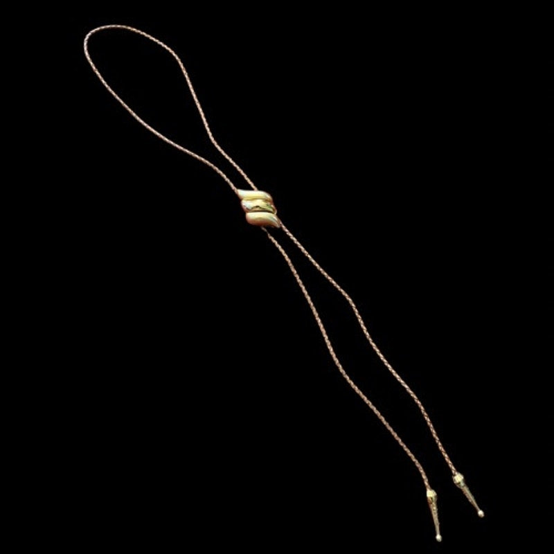 Shiny & Matte Gold Toned Chunky Swirl Camel Brown Leather Cord Bolo Tie