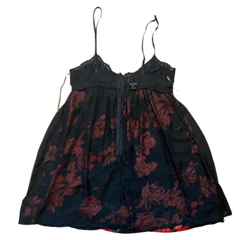 90’s Lacey Bust Black and Red Floral Babydoll Spaghetti Strap Dress (M)