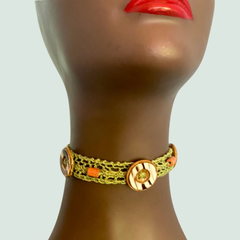 Sage Green Button Embellished Handknit Cotton Choker Necklace