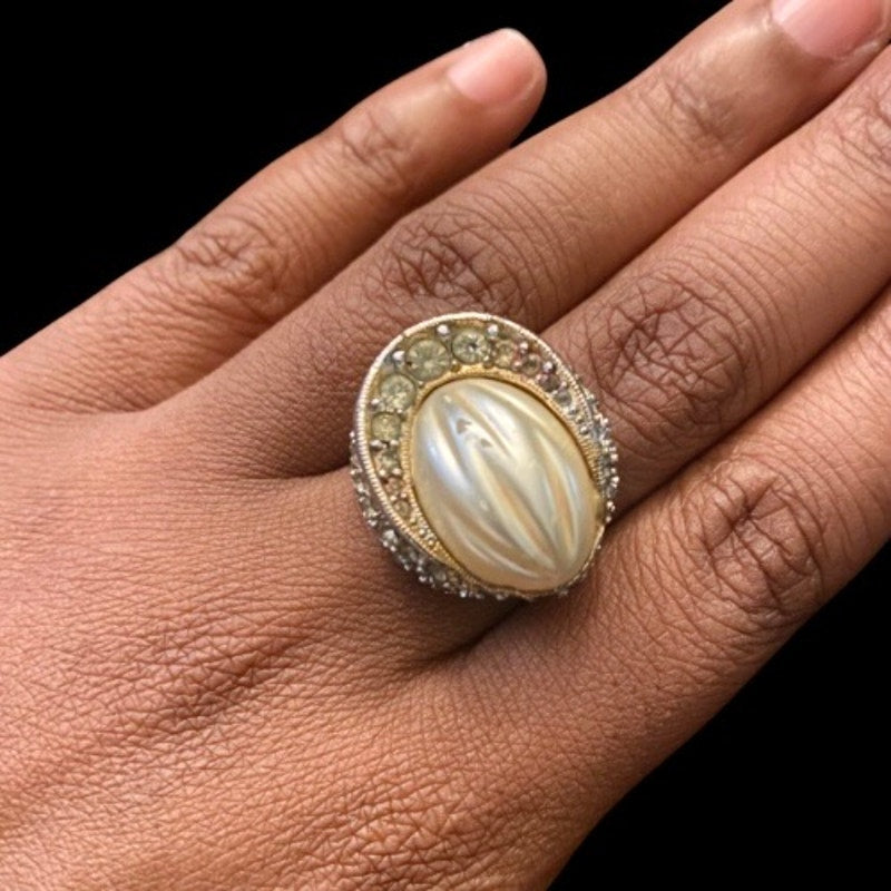 Vintage Faux Pearl Gold Toned Rhinestone Studded Cocktail Ring (9.5, Adjustable)