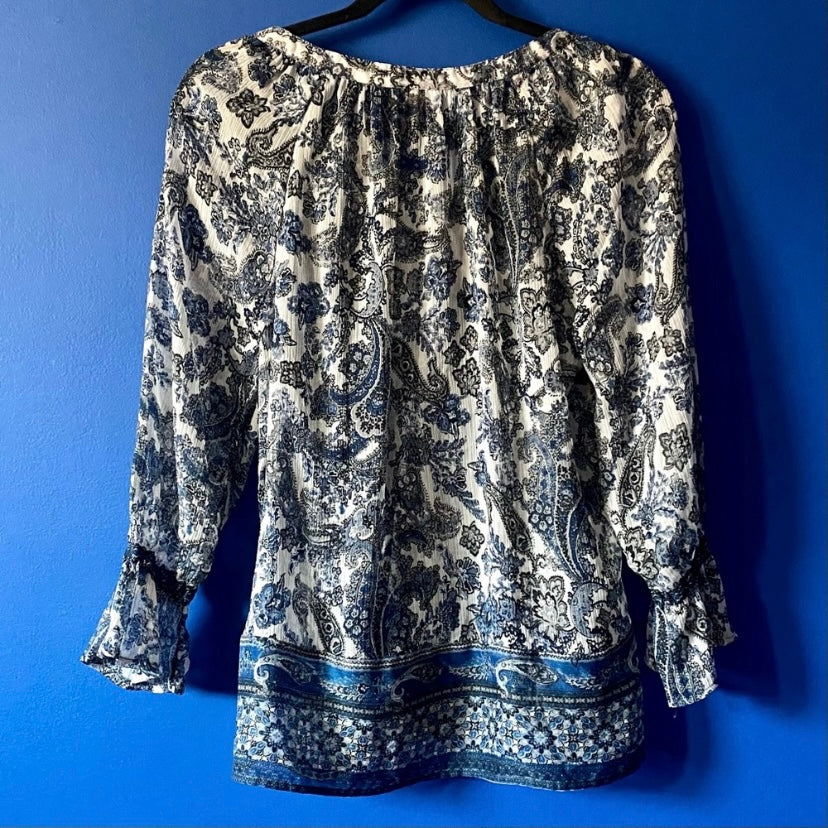 Sheer Blue and White Paisley Print Peasant Blouse (M)