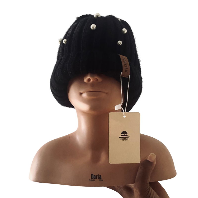 đź”” Upcycled Pearl-Studded Black Knit Beanie