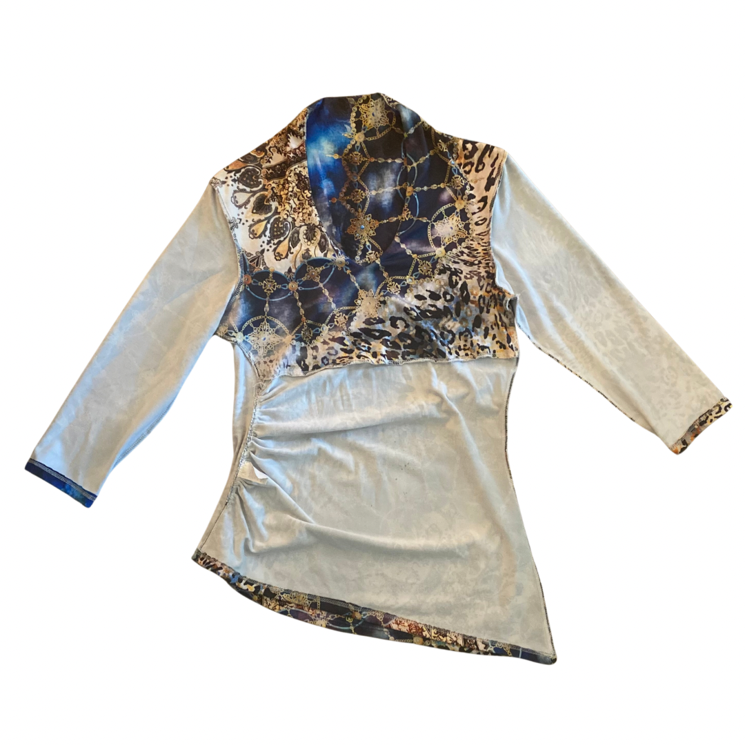 Y2K Ruched Blue & Gold Leopard Print Asymmetrical Hem Top (Small/Medium)