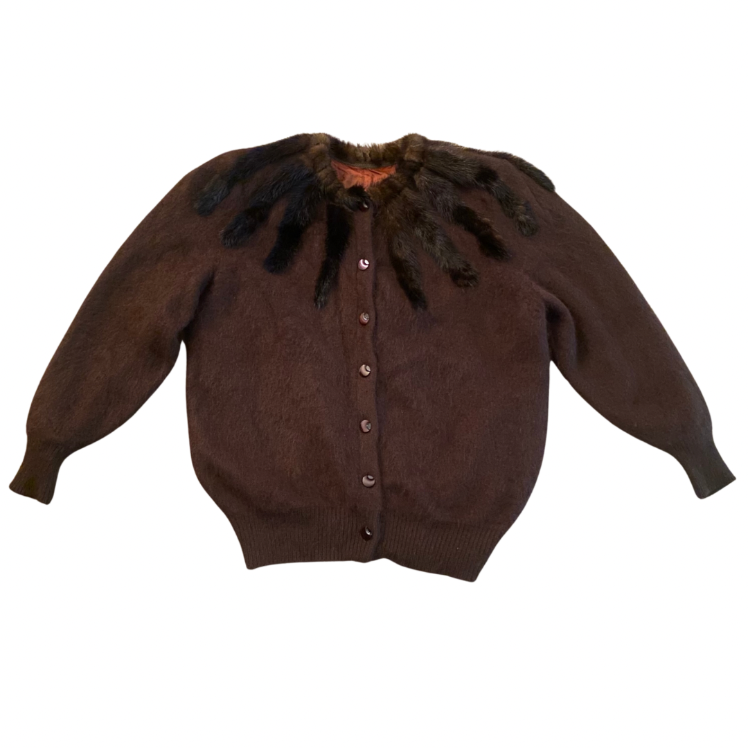 Vintage Chocolate Brown Rabbit Fur Knit Button-Down Sweater (Large)